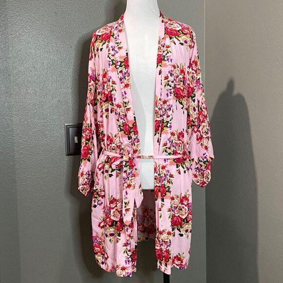 Pink Floral Rose Robe Kimono Belted Swim Cover Up - Picture 1 of 8